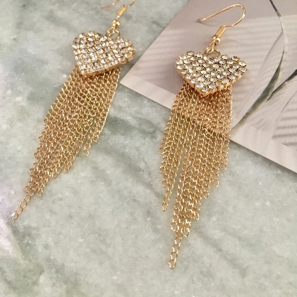 Rhinestone Hearts Tassel Cascade Gold Earrings - Picture 3 of 4